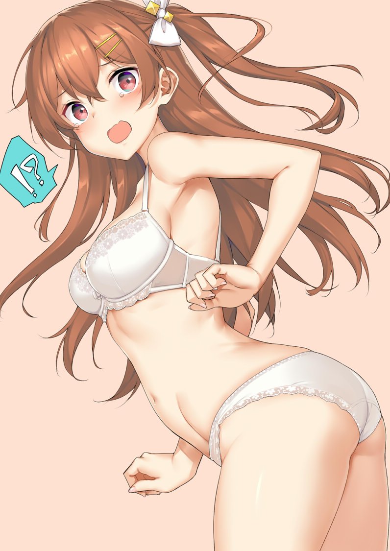 !? 1girl arched_back armpits ass bare_arms bare_shoulders bow bra breasts brown_hair cowboy_shot girl_cafe_gun groin hair_bow hair_ornament hairclip irene_white_(girl_cafe_gun) large_breasts long_hair looking_at_viewer navel one_side_up open_mouth panties red_eyes simple_background solo speech_bubble spoken_interrobang standing stomach takayaki tears thighs underwear underwear_only white_bow white_bra white_panties