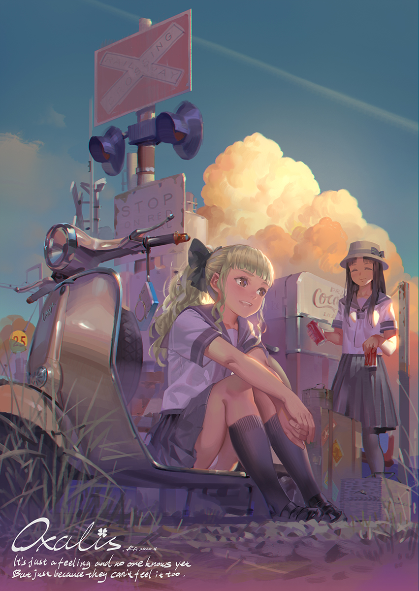 2girls alphonse_(white_datura) bangs basket black_legwear blonde_hair blue_sky can closed_eyes clouds coca-cola commentary_request condensation_trail grass grey_skirt ground_vehicle hair_ribbon hat high_ponytail highres holding holding_can long_hair motor_vehicle multiple_girls original pleated_skirt railroad_crossing railroad_signal ribbon school_uniform scooter serafuku short_sleeves sidelocks sign sitting skirt sky smile soda_can suitcase thighs