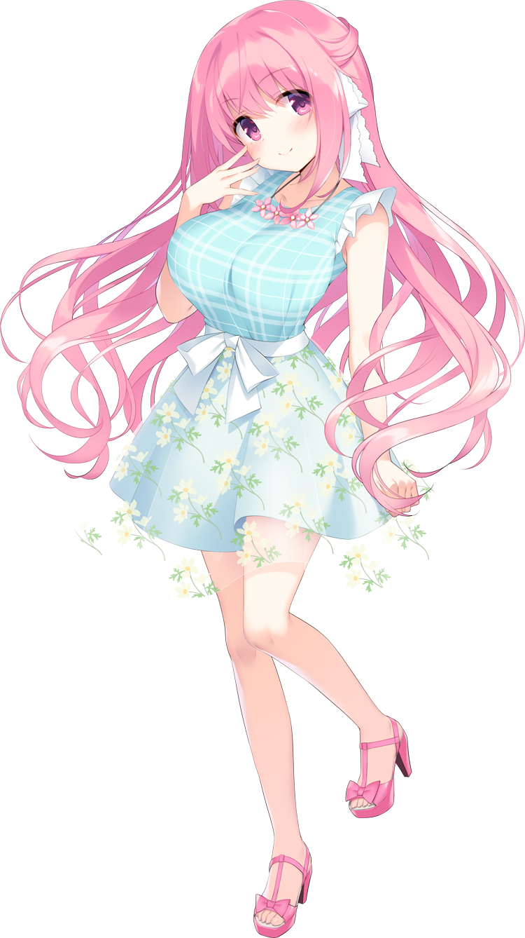 1girl anneliese blue_dress dress eyebrows_visible_through_hair floral_print flower full_body half_updo hand_on_own_face high_heels highres kimagure_temptation kimishima_ao long_hair looking_at_viewer official_art open_toe_shoes pink_eyes pink_flower pink_hair sheer_clothes sleeveless sleeveless_dress smile solo transparent_background