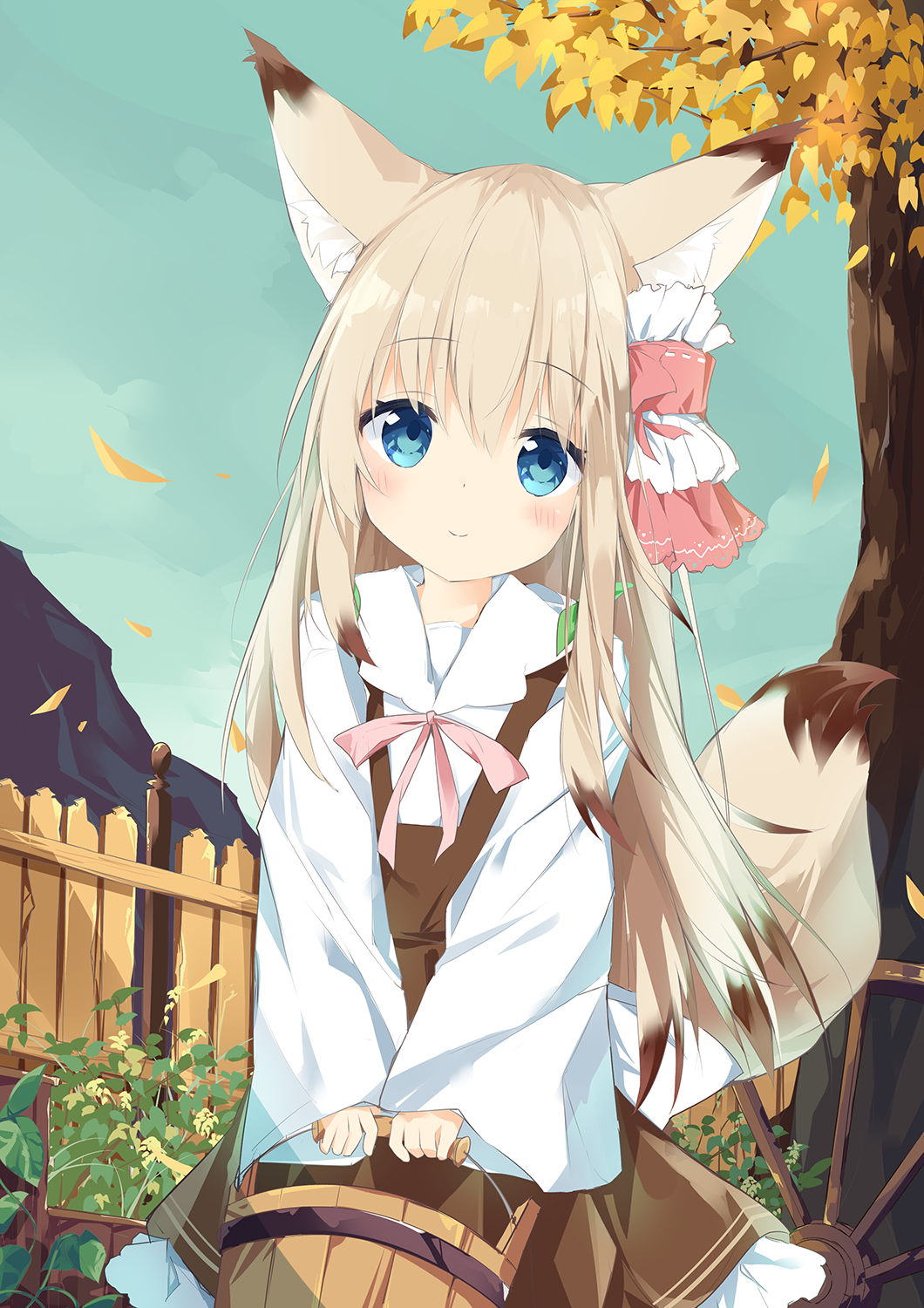 1girl animal_ears bangs blue_sky blush bow brown_dress brown_hair bucket closed_mouth collared_shirt commentary_request day dress eyebrows_visible_through_hair fence fox_ears fox_girl fox_tail frilled_dress frills hair_between_eyes hair_ornament highres holding holding_bucket kushida_you long_hair long_sleeves looking_at_viewer mountain multicolored_hair original outdoors pink_bow shirt sky sleeveless sleeveless_dress sleeves_past_wrists smile solo standing tail tree two-tone_hair very_long_hair white_shirt wide_sleeves wooden_bucket wooden_fence