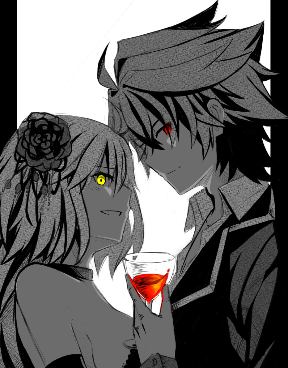 1girl choker cup drinking_glass fate/apocrypha fate/grand_order fate_(series) flower hair_flower hair_ornament holding jeanne_d'arc_(alter)_(fate) jeanne_d'arc_(fate)_(all) looking_at_viewer monochrome red_eyes short_hair sieg_(fate/apocrypha) smile wine_glass y0na yellow_eyes