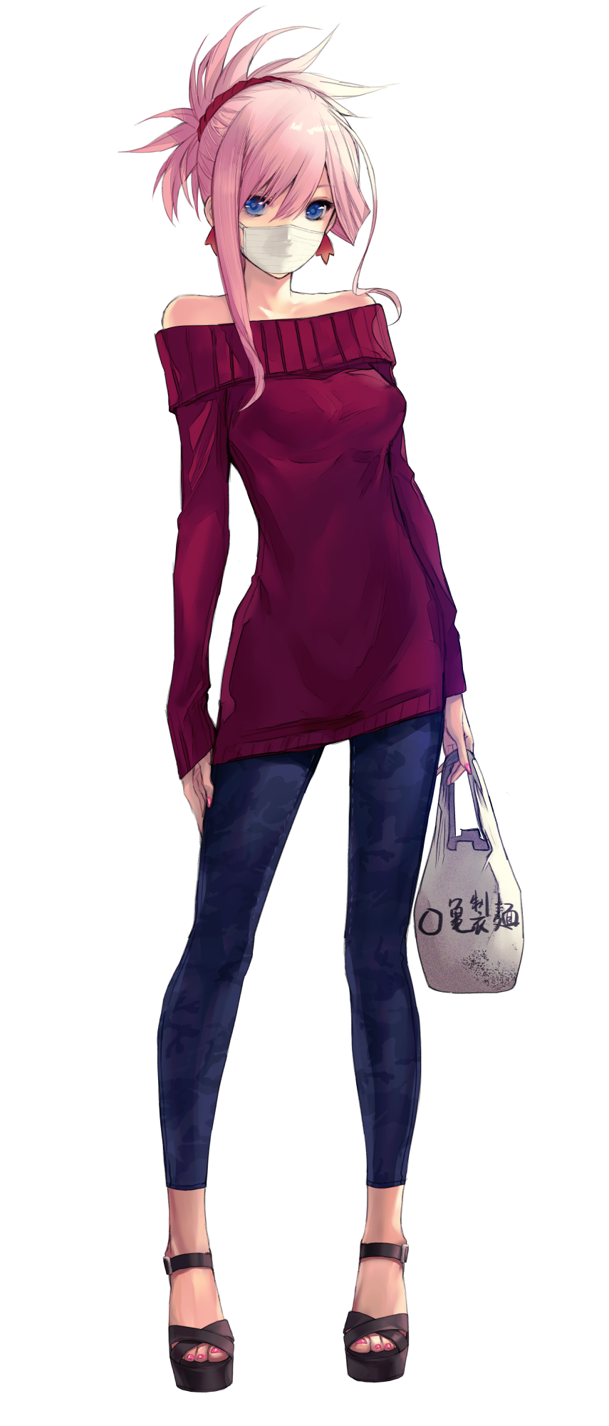 1girl alternate_costume applekun bag bangs blue_eyes breasts casual covered_mouth denim earrings fate/grand_order fate_(series) full_body grocery_bag hair_between_eyes highres holding holding_bag jeans jewelry long_sleeves looking_at_viewer mask medium_breasts miyamoto_musashi_(fate/grand_order) mouth_mask nail_polish off-shoulder_sweater off_shoulder pants pink_nails platform_footwear ponytail purple_sweater sandals shopping_bag short_hair_with_long_locks simple_background single_sidelock solo standing surgical_mask sweater toenail_polish white_background