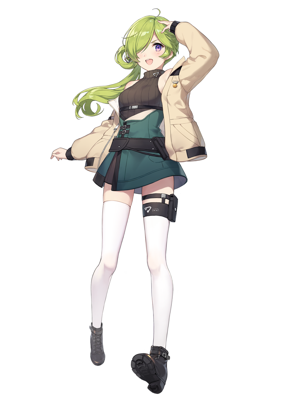 1girl :d ahoge arm_up bare_shoulders belt belt_pouch black_footwear black_sweater breasts brown_jacket dress full_body girl_cafe_gun green_hair hair_over_one_eye highres iritoa jacket leg_belt long_hair long_sleeves looking_at_viewer nie_shirou_(girl_cafe_gun) off_shoulder official_art open_clothes open_jacket open_mouth pouch ribbed_sweater shoes sleeveless sleeveless_turtleneck small_breasts smile solo sweater sweater_dress thigh-highs transparent_background turtleneck v-shaped_eyebrows violet_eyes white_legwear zettai_ryouiki