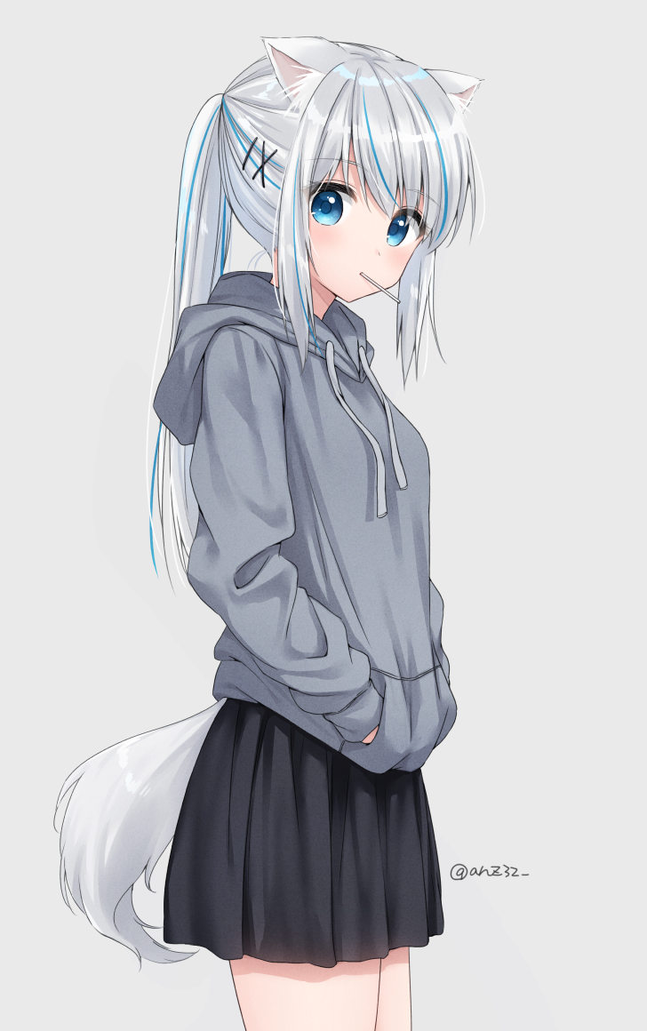 1girl animal_ear_fluff animal_ears anz32 black_skirt blue_eyes blue_hair candy closed_mouth commentary_request drawstring food food_in_mouth grey_background grey_hoodie hair_ornament hairclip hands_in_pockets hood hood_down hoodie lollipop long_hair long_sleeves looking_at_viewer mouth_hold multicolored_hair original pleated_skirt ponytail silver_hair simple_background skirt solo streaked_hair tail twitter_username x_hair_ornament