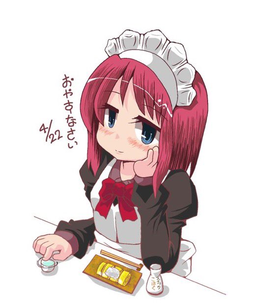 1girl apron bangs blue_eyes blush bob_cut chickensyoka chopsticks closed_mouth collared_shirt commentary_request dated eyebrows_visible_through_hair eyelashes half-closed_eyes hand_on_own_cheek hisui maid maid_headdress necktie red_neckwear red_ribbon redhead ribbon shirt short_hair simple_background smile solo translation_request tsukihime white_apron white_background