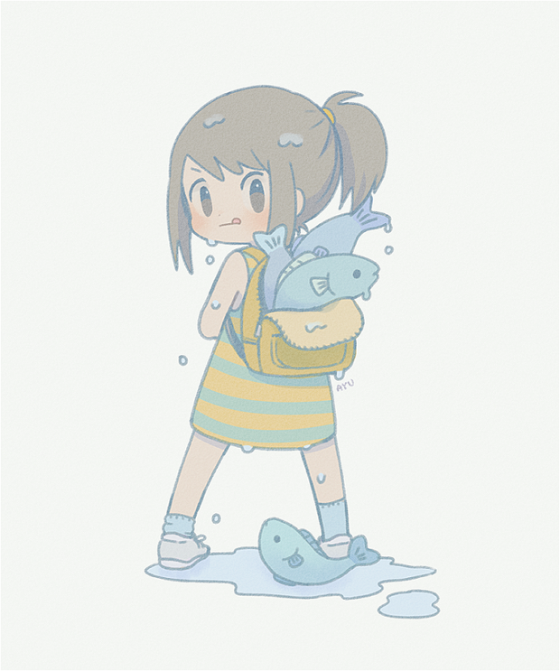 1girl :q ayu_(mog) backpack bag blue_legwear blush brown_eyes brown_hair dress fish from_behind full_body green_dress grey_footwear hair_tie looking_at_viewer looking_back original pigeon-toed ponytail shoes short_dress signature simple_background sleeveless sleeveless_dress socks solo striped striped_dress tongue tongue_out water wet wet_hair white_background