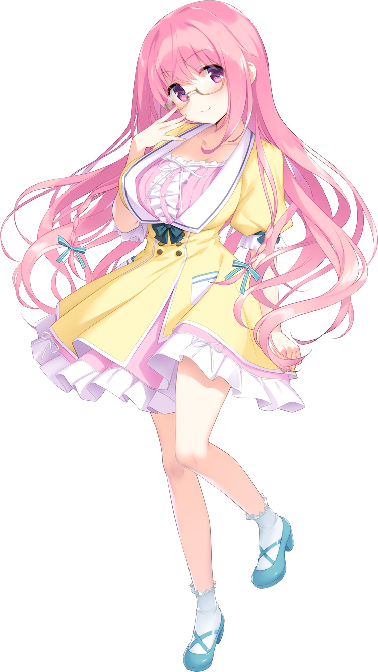 1girl anneliese blue_footwear blush dress full_body hand_on_own_face highres kimagure_temptation kimishima_ao long_hair looking_at_viewer mary_janes official_art pink_eyes pink_hair semi-rimless_eyewear shoes short_sleeves smile solo transparent_background under-rim_eyewear