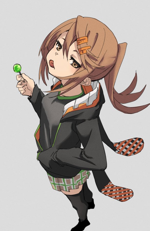 brown_eyes brown_hair candy food fu-ta hair_ornament hairclip hood hoodie lollipop ponytail skirt thigh-highs usami_taiga