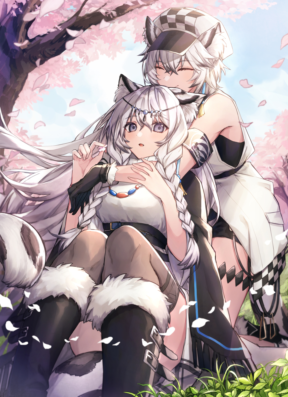 .com_(cu_105) 2girls animal_ears arknights armband bead_necklace beads black_cape black_footwear black_gloves black_legwear boots braid cabbie_hat cape checkered checkered_hat cherry_blossoms cliffheart_(arknights) closed_eyes commentary_request dress flower fur-trimmed_boots fur_trim gloves grey_eyes hat highres holding holding_flower hug hug_from_behind jewelry knee_boots leopard_ears leopard_girl leopard_tail long_hair multiple_girls necklace pramanix_(arknights) short_hair siblings side_braids sisters tail thigh-highs tree turtleneck turtleneck_dress twin_braids white_dress white_hair