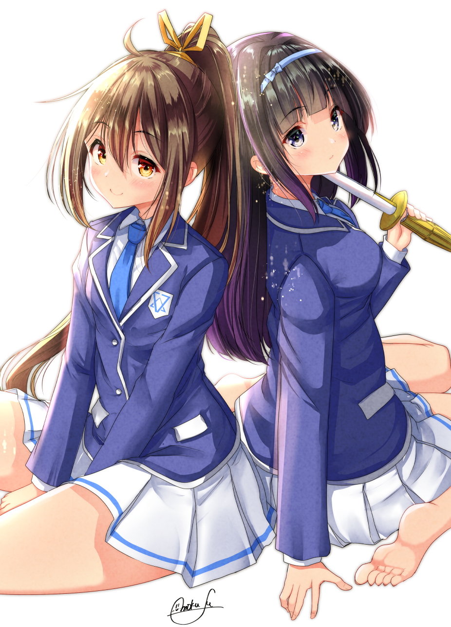 2girls bangs barefoot black_hair blazer blue_eyes blue_hairband blue_jacket blue_neckwear breasts brown_hair collared_shirt copyright_request eyebrows_visible_through_hair gradient_hair hair_ribbon hairband high_ponytail highres holding holding_weapon jacket long_hair long_sleeves looking_at_viewer mokufuu multicolored_hair multiple_girls necktie pleated_skirt ponytail purple_hair red_eyes ribbon shinai shirt signature sitting skirt small_breasts soles sword very_long_hair wariza weapon white_background white_shirt white_skirt yellow_ribbon