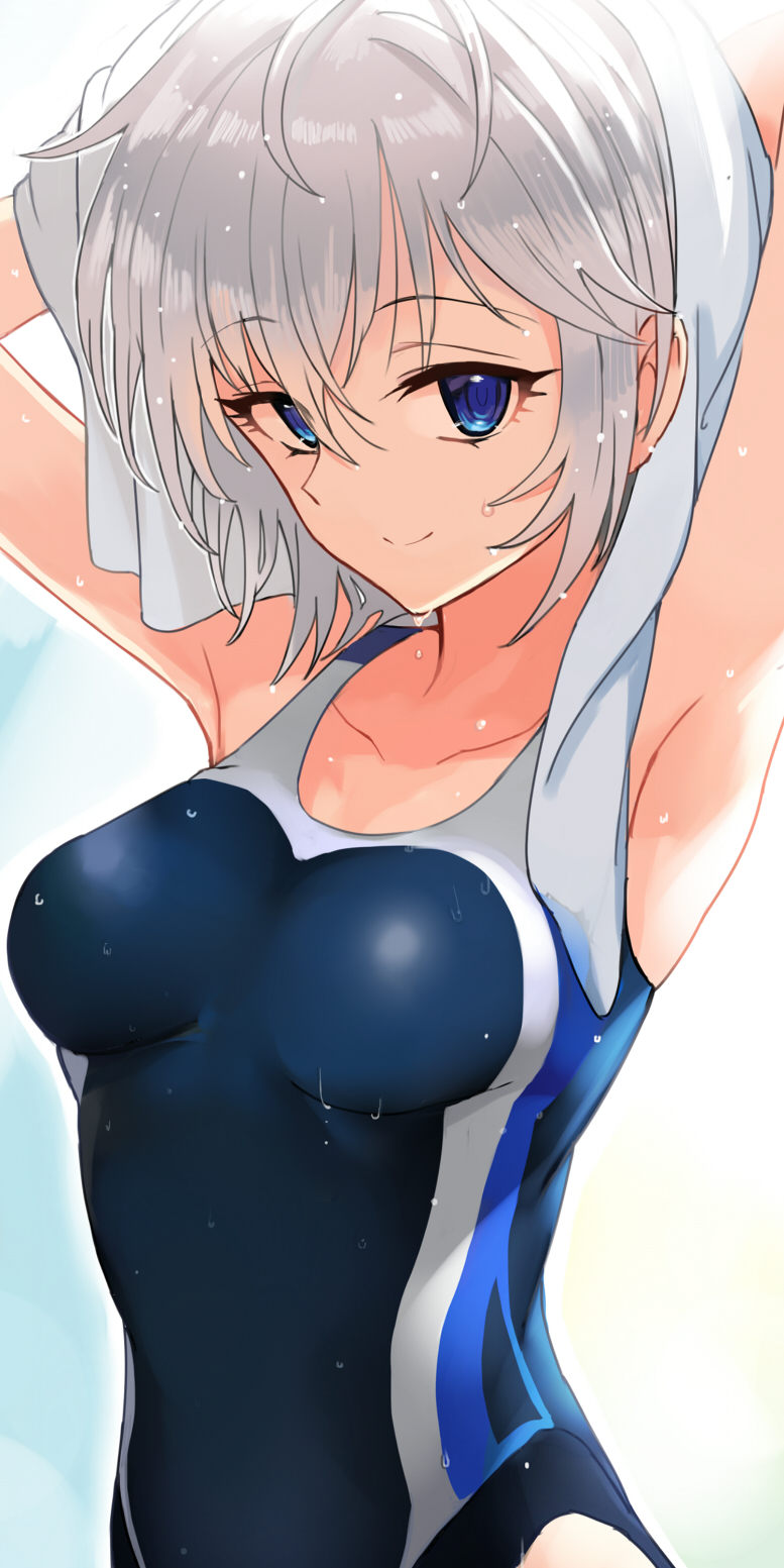 1girl anastasia_(idolmaster) armpits arms_behind_head arms_up ashita_(2010) bangs bare_shoulders blue_eyes blue_swimsuit breasts closed_mouth collarbone eyelashes hair_between_eyes highres idolmaster idolmaster_cinderella_girls looking_at_viewer medium_breasts one-piece_swimsuit short_hair silver_hair smile solo swimsuit wet