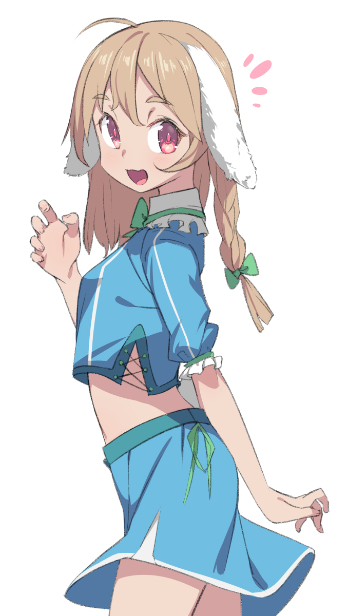 1girl :d ahoge animal_ears bangs blue_shirt blue_skirt bow bowtie braid brown_hair claw_pose cowboy_shot cross-laced_clothes eyebrows_visible_through_hair floppy_ears from_side green_bow green_neckwear hair_between_eyes hair_bow hand_up highres long_hair looking_at_viewer looking_to_the_side midriff open_mouth original puffy_short_sleeves puffy_sleeves rabbit_ears red_eyes saiste shirt short_sleeves side_braid simple_background single_braid skirt smile solo white_background