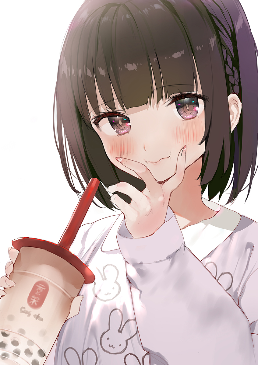 1girl animal_print bangs black_hair blunt_bangs blush braid brown_eyes bubble_tea bunny_print closed_mouth cup disposable_cup drinking_straw eyebrows_visible_through_hair grey_shirt hand_up highres holding holding_cup long_sleeves looking_at_viewer matsui_hiroaki original shirt short_hair sidelocks simple_background smile solo upper_body white_background