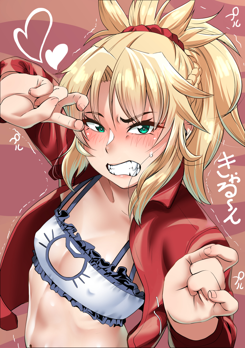 1girl bangs blush bra braid breasts cat_cutout cat_lingerie clenched_teeth collarbone fate/apocrypha fate_(series) french_braid frilled_bra frills green_eyes hair_ornament hair_scrunchie jacket long_hair long_sleeves looking_at_viewer meme_attire mordred_(fate) mordred_(fate)_(all) navel nosame open_clothes open_jacket ponytail red_jacket red_scrunchie scrunchie sidelocks small_breasts solo teeth trembling underwear v white_bra