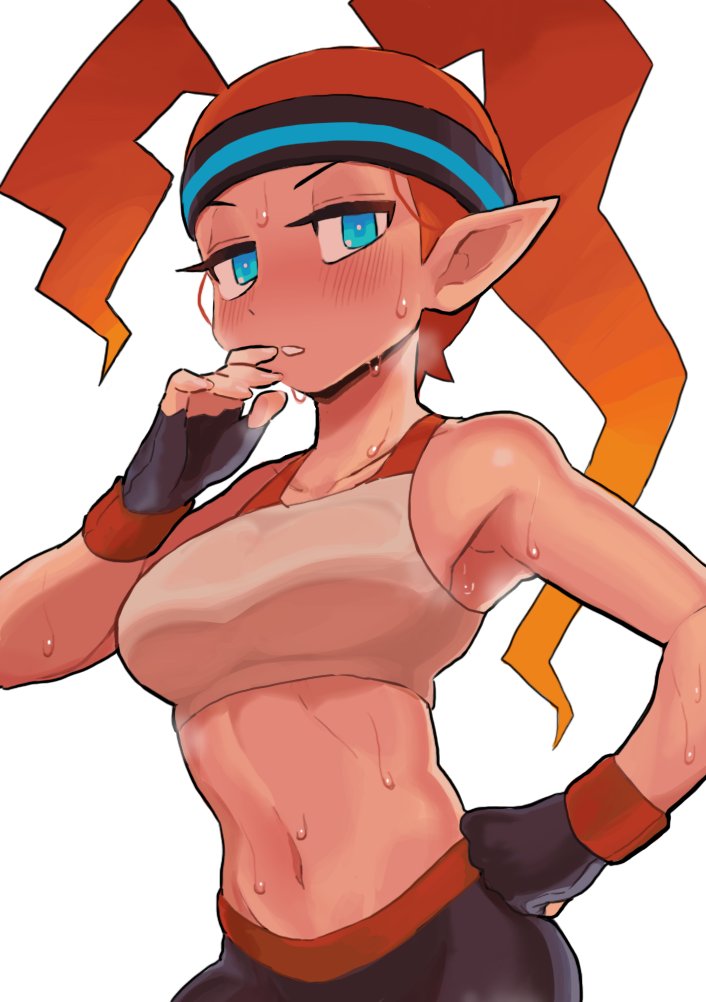 1girl black_gloves black_pants blue_eyes blush cowboy_shot fingerless_gloves gashi-gashi gloves hand_on_hip headband looking_at_viewer midriff navel orange_hair pants pointy_ears ponytail ring_fit_adventure ring_fit_trainee simple_background solo sweat tank_top white_background white_tank_top