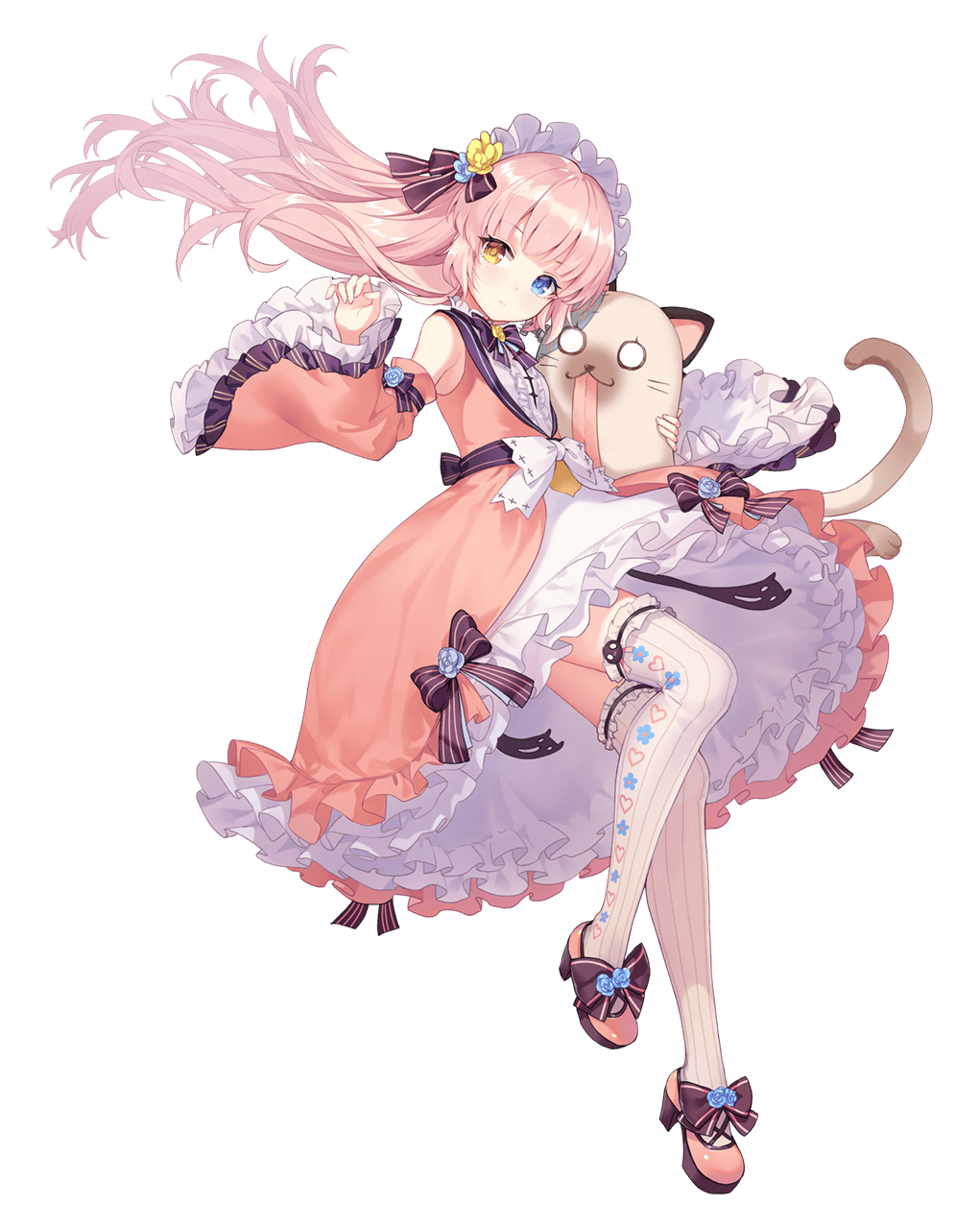 1girl bare_shoulders blue_eyes bow bowtie criin detached_sleeves doll_hug dress eksistere_kyrenia floating_hair frilled_dress frilled_sleeves frills full_body girl_cafe_gun headdress heterochromia highres long_hair looking_at_viewer official_art pink_dress pink_hair ribbed_legwear shoes solo striped striped_bow stuffed_animal stuffed_cat stuffed_toy thigh-highs transparent_background white_legwear wide_sleeves yellow_eyes