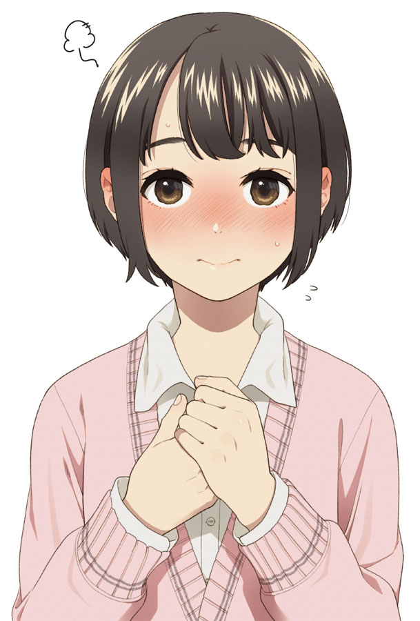 1girl black_hair blush brown_eyes brown_hair cardigan ear_blush flying_sweatdrops hands_clasped looking_at_viewer mattaku_mousuke original own_hands_together short_hair solo sweat upper_body white_background