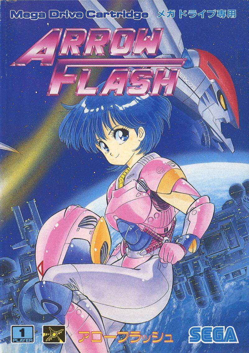 1990s_(style) 1girl akaishizawa_takashi arrow_flash blonde_hair blue_eyes copyright_name headwear_removed helmet helmet_removed holding_heart logo looking_at_viewer official_art planet scan sega short_hair solo space space_craft spacesuit