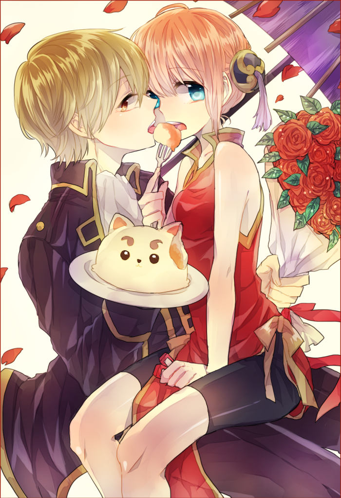 1boy 1girl bangs between_legs bike_shorts black_coat black_pants black_shorts blonde_hair blue_eyes bouquet breasts brown_eyes china_dress chinese_clothes coat collarbone couple dress eyebrows_visible_through_hair flower fork gintama girl_on_top hair_between_eyes hand_between_legs holding holding_bouquet holding_fork holding_plate holding_umbrella kagura_(gintama) mayoko_na_kuroneko okita_sougo open_mouth oriental_umbrella pants plate purple_umbrella red_dress red_flower red_rose rose sadaharu shiny shiny_clothes shiny_hair short_hair shorts shorts_under_dress side_slit sitting sitting_on_lap sitting_on_person sleeveless sleeveless_dress small_breasts umbrella