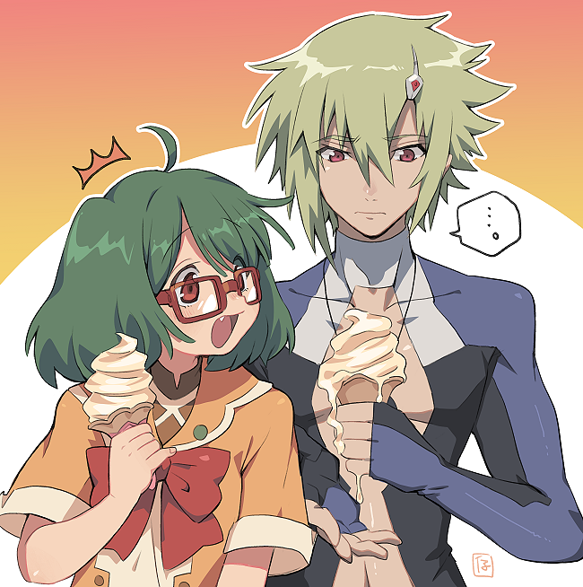 ... 1boy 1girl ahoge bespectacled blonde_hair bodysuit brera_sterne brother_and_sister fang food glasses green_hair holding holding_food ice_cream ice_cream_cone ice_cream_cone_spill kinako_(462) macross macross_frontier melting open_mouth ranka_lee red_eyes school_uniform shiny shiny_clothes short_hair siblings skin_tight soft_serve