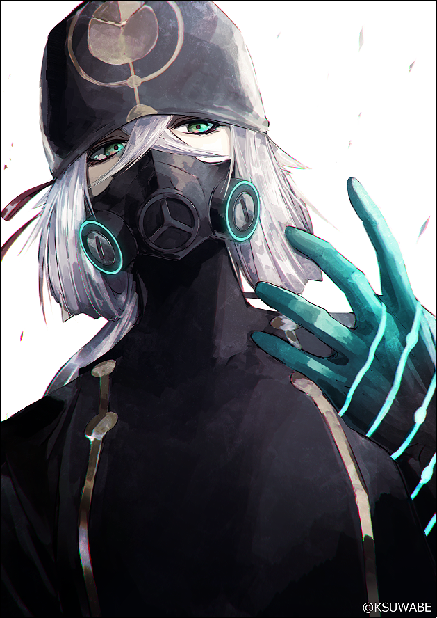 1boy asclepius_(fate/grand_order) bangs black_jacket fate/grand_order fate_(series) gloves gradient_hair green_eyes hair_between_eyes hat hood jacket kei-suwabe long_hair long_sleeves looking_at_viewer male_focus mask multicolored_hair silver_hair simple_background solo upper_body white_hair