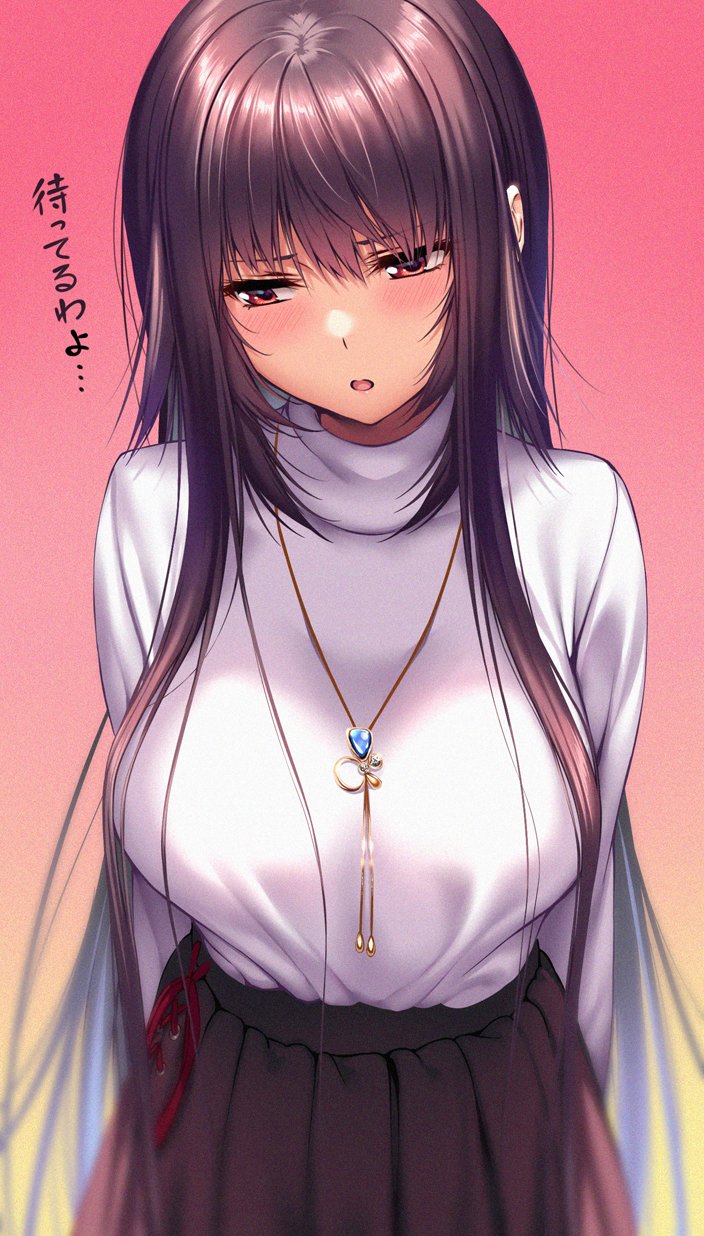 1girl :o arms_behind_back bangs blush breasts brown_eyes brown_hair commentary_request gradient gradient_background hair_between_eyes highres jewelry large_breasts long_hair looking_down necklace open_mouth original piromizu pleated_skirt sidelocks skirt sweater translation_request very_long_hair white_sweater