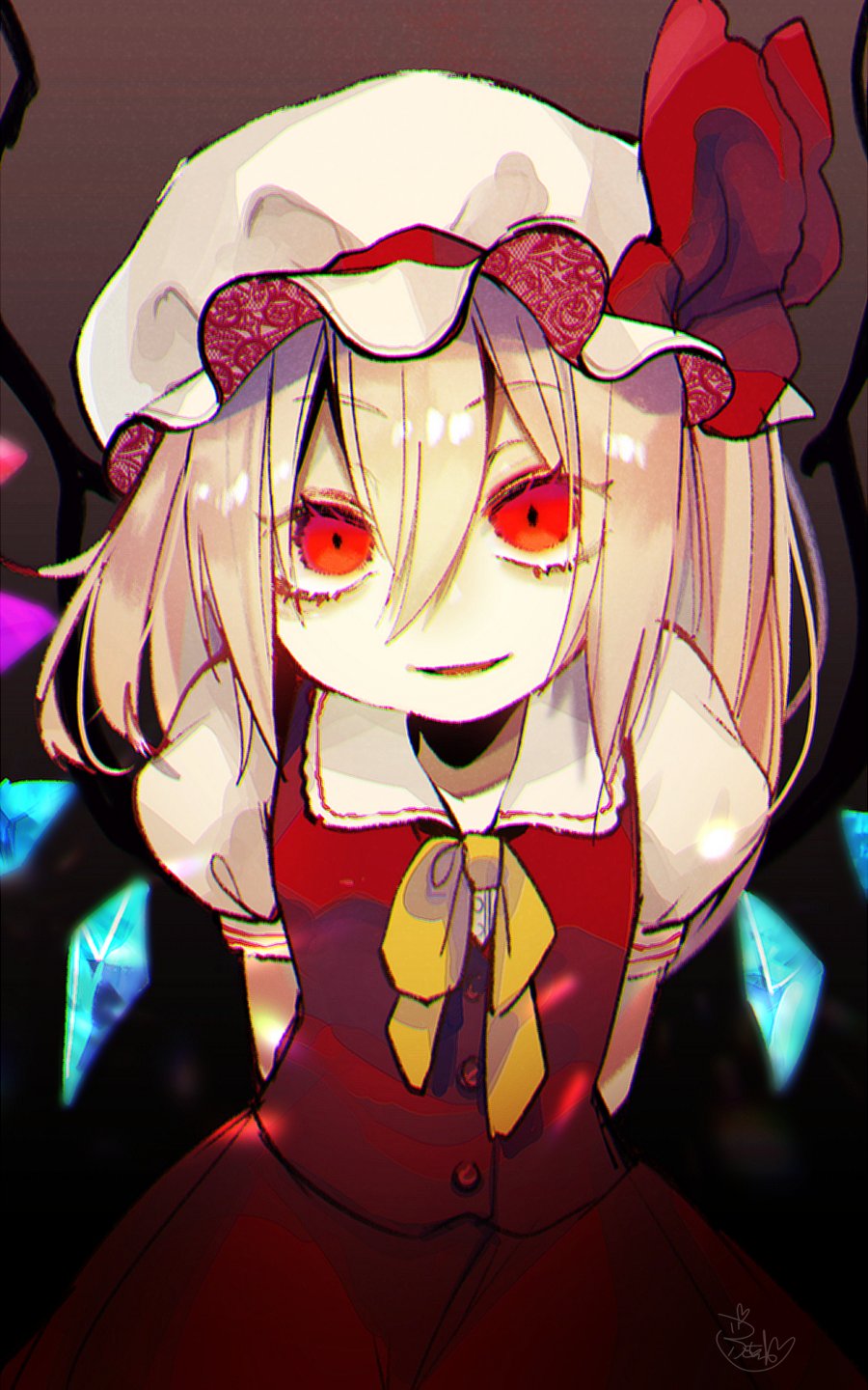 1girl arms_behind_back blonde_hair chromatic_aberration commentary_request cowboy_shot crystal flandre_scarlet fua_yuu gradient gradient_background hair_between_eyes hat hat_ribbon highres leaning_forward looking_at_viewer medium_hair mob_cap open_mouth red_eyes red_ribbon red_skirt red_vest ribbon shirt short_sleeves signature skirt smile solo touhou vest white_headwear white_shirt wings yellow_neckwear