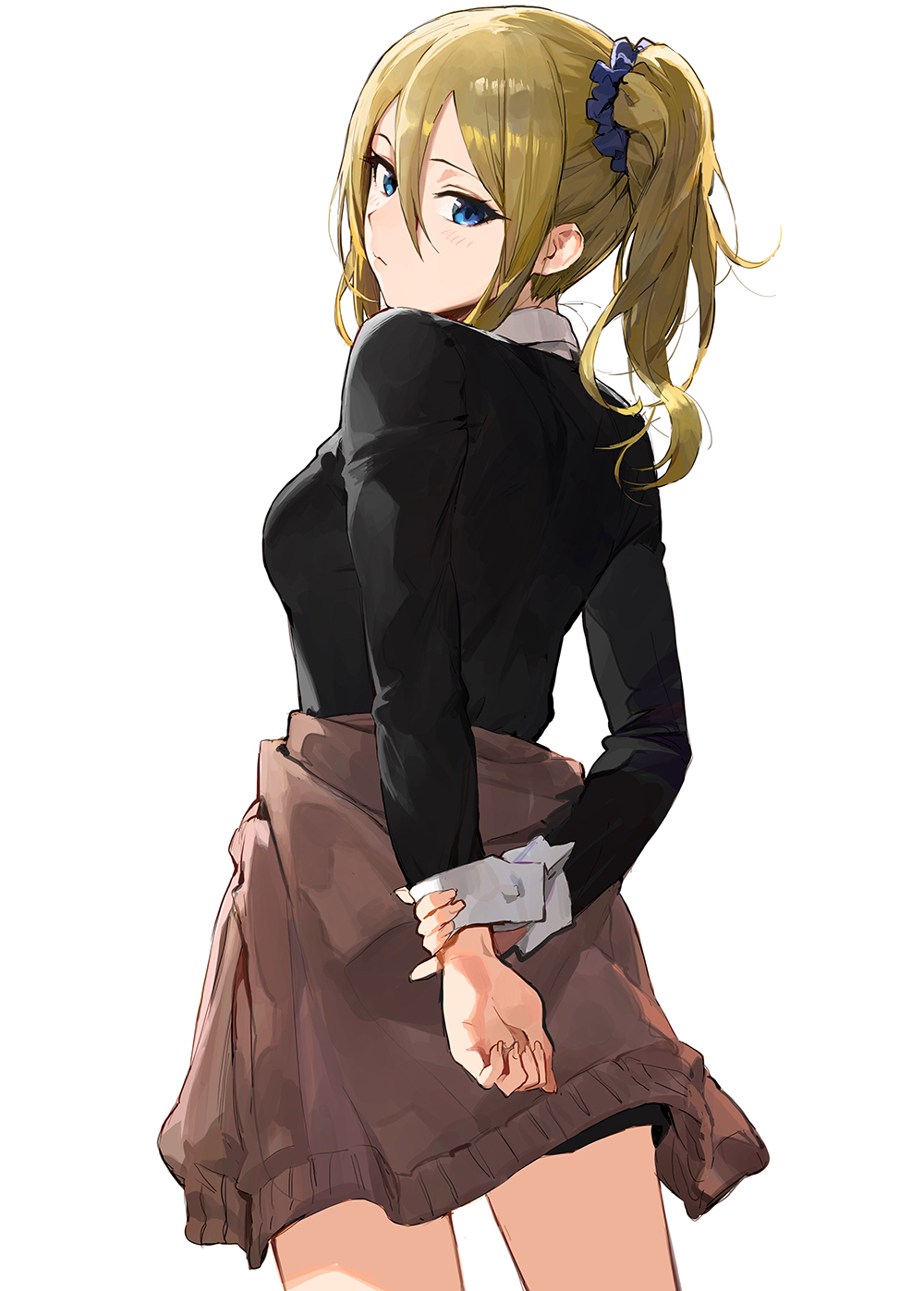 1girl arms_behind_back black_sweater blonde_hair blue_eyes blue_scrunchie brown_sweater closed_mouth collared_shirt from_behind hair_between_eyes hayasaka_ai highres kaguya-sama_wa_kokurasetai_~tensai-tachi_no_renai_zunousen~ looking_to_the_side mossi scrunchie shirt side_ponytail sidelocks standing sweater thighs tied_sweater white_shirt