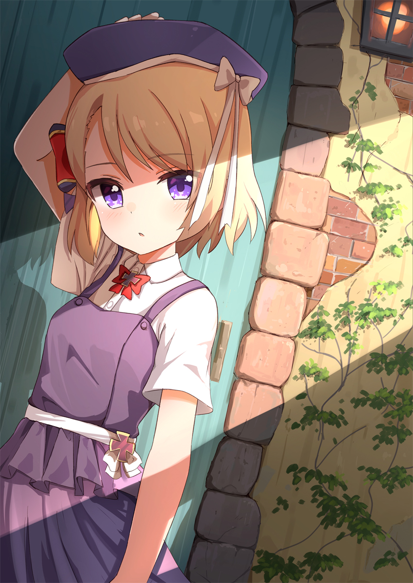 1girl ame. arm_up azur_lane bangs beret blonde_hair blue_headwear blush bow breasts brick_wall collared_shirt commentary_request door dress_shirt dutch_angle eyebrows_visible_through_hair hat highres iron_cross lantern looking_at_viewer parted_lips pleated_skirt purple_skirt purple_vest red_bow shirt short_sleeves skirt small_breasts solo striped striped_bow vest violet_eyes white_bow white_shirt z23_(azur_lane)