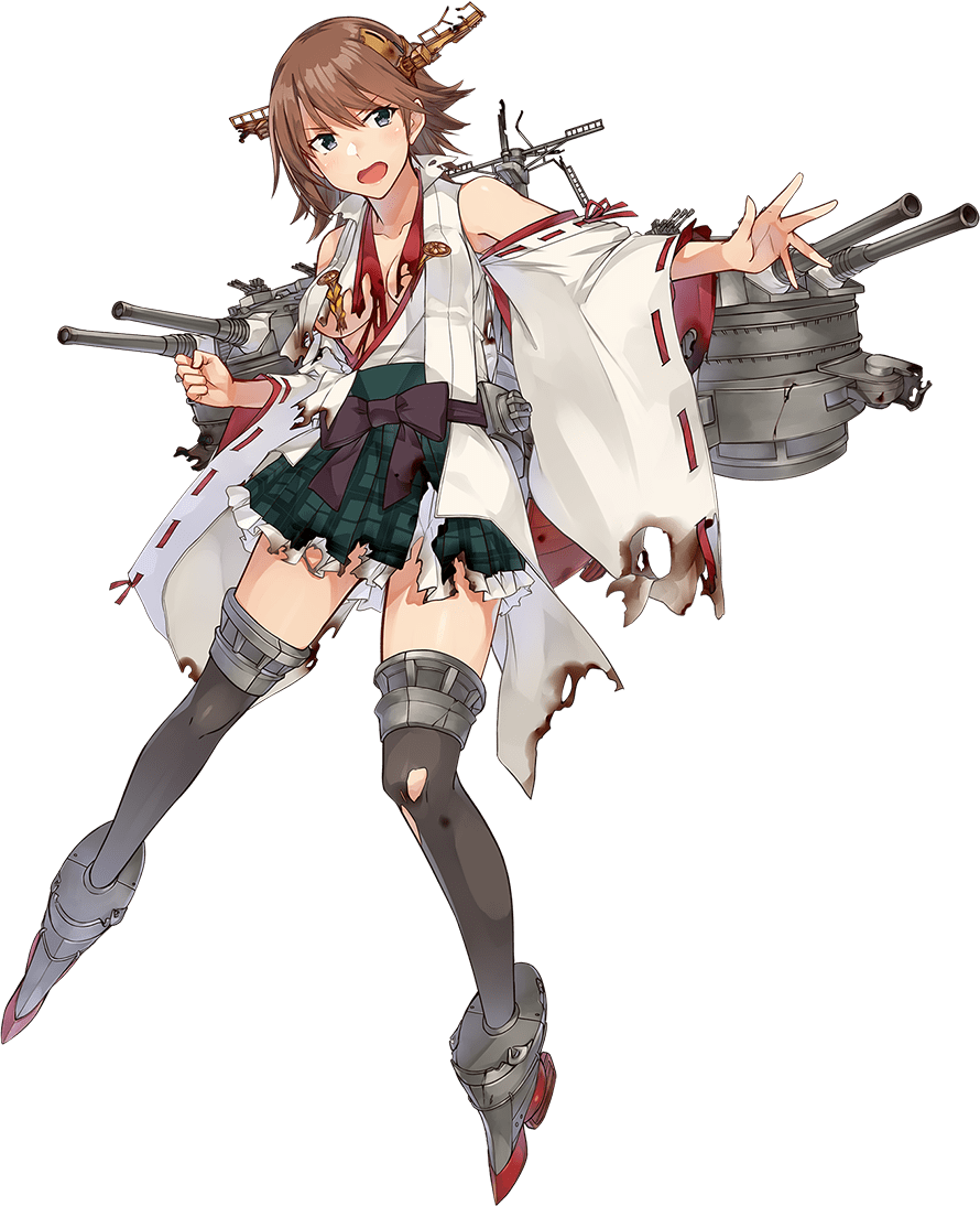 1girl blue_eyes boots brown_hair detached_sleeves flipped_hair green_skirt hairband headgear hiei_(kantai_collection) japanese_clothes kantai_collection konishi_(koconatu) machinery nontraditional_miko official_art plaid remodel_(kantai_collection) ribbon-trimmed_sleeves ribbon_trim short_hair skirt thigh-highs thigh_boots torn_clothes transparent_background turret