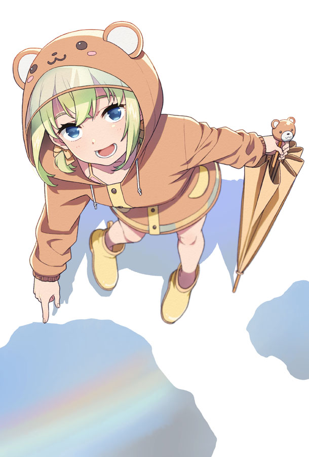 1girl :3 animal_costume animal_ears bear_costume bear_ears blue_eyes boots from_above green_eyes hood hood_up looking_at_viewer mattaku_mousuke open_mouth original pointing puddle raincoat rubber_boots solo umbrella white_background
