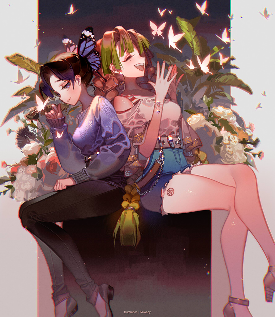 2girls animal_print bangs blue_butterfly bug butterfly butterfly_hair_ornament butterfly_on_finger butterfly_print flower gradient_hair green_hair hair_ornament haori insect japanese_clothes kanroji_mitsuri kawacy kimetsu_no_yaiba kochou_shinobu mole mole_under_eye multicolored_hair multiple_girls parted_bangs pink_hair purple_butterfly white_butterfly wisteria