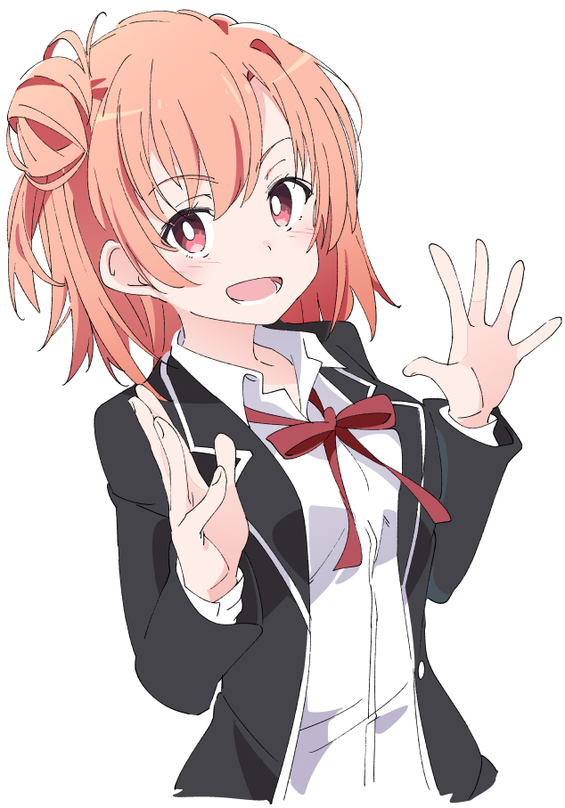 1girl blazer blush hair_bun hands_up ixy jacket long_sleeves looking_at_viewer open_mouth red_eyes red_neckwear red_ribbon redhead ribbon shirt short_hair simple_background solo teeth white_background white_shirt yahari_ore_no_seishun_lovecome_wa_machigatteiru. yuigahama_yui