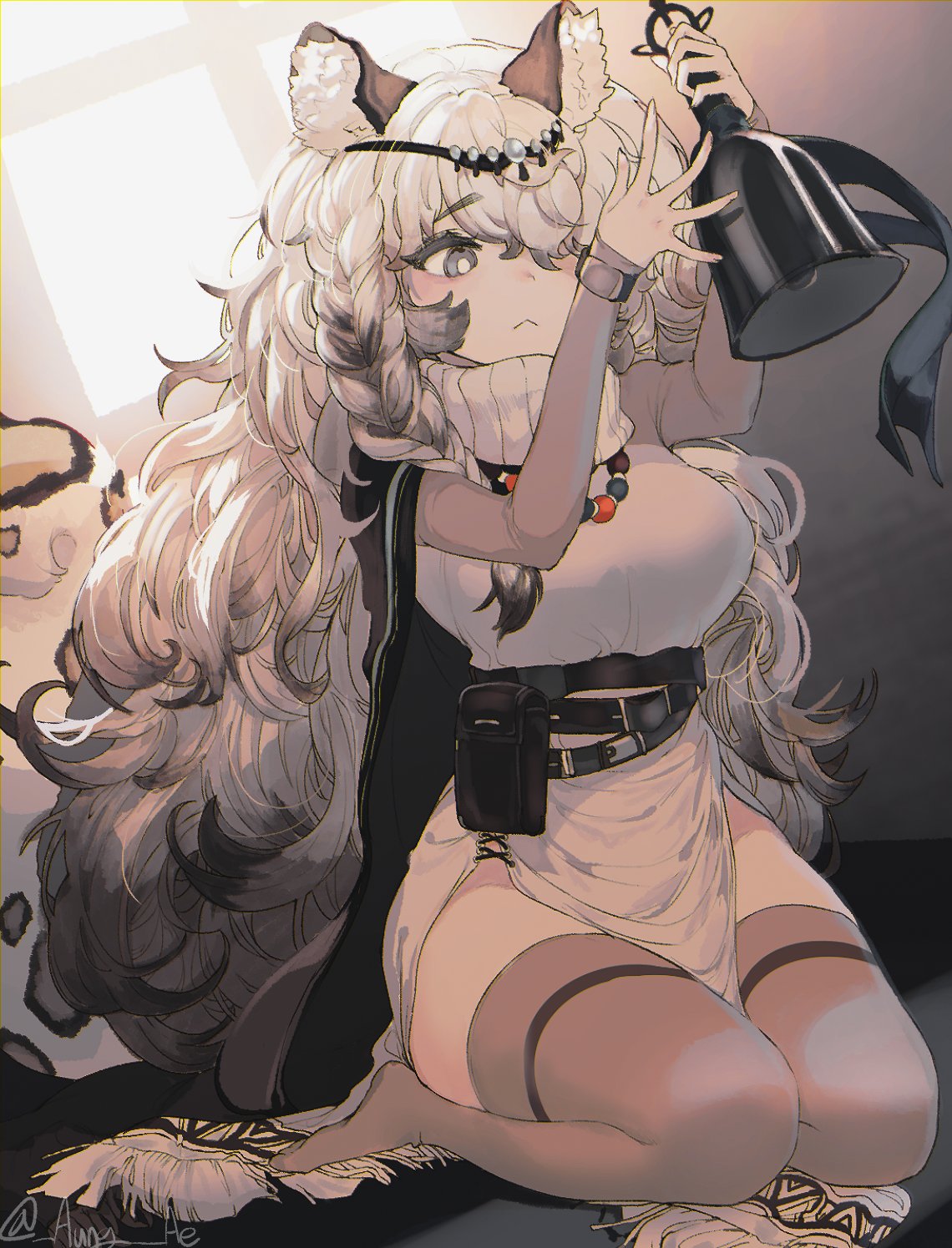 1girl :&lt; animal_ear_fluff animal_ears arknights arms_up artist_name bangs bead_necklace beads bell belt black_belt black_cape blush breasts cape dress eyebrows_visible_through_hair grey_eyes grey_legwear head_chain highres holding holding_bell jewelry large_breasts leopard_ears leopard_tail long_hair necklace no_shoes oh_(aung_ae) pelvic_curtain pouch pramanix_(arknights) seiza silver_hair sitting solo tail thigh-highs thighs turtleneck_dress twitter_username very_long_hair white_dress