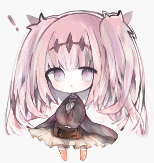 ! 1girl :&lt; black_dress blush book brown_legwear chibi closed_mouth commentary_request cottontailtokki dress fran_(shadowverse) frilled_dress frills full_body grey_background grey_neckwear headpiece holding holding_book kneehighs long_hair long_sleeves neckerchief pink_hair puffy_long_sleeves puffy_sleeves shadowverse simple_background solo standing twintails very_long_hair violet_eyes