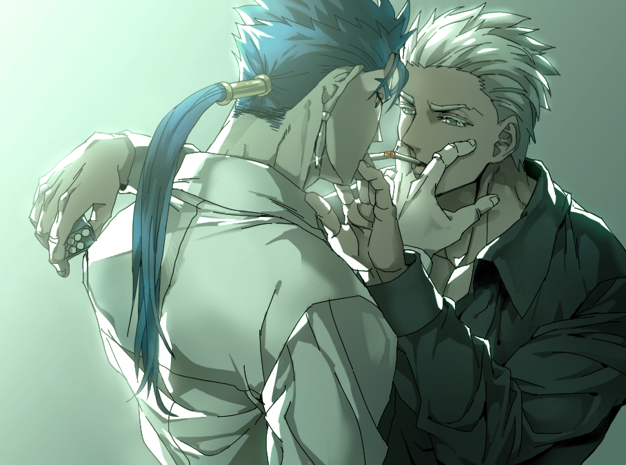 archer arm_up blue_hair chest cigarette couple cu_chulainn_(fate)_(all) cu_chulainn_(fate/grand_order) dark_skin dark_skinned_male earrings eye_contact fate/grand_order fate/stay_night fate_(series) hand_on_another's_face holding jewelry kim_yura_(goddess_mechanic) lancer lighting_cigarette long_hair long_sleeves looking_at_another male_focus multiple_boys muscle open_mouth outstretched_arms pectorals red_eyes smoking unlimited_blade_works white_hair yaoi