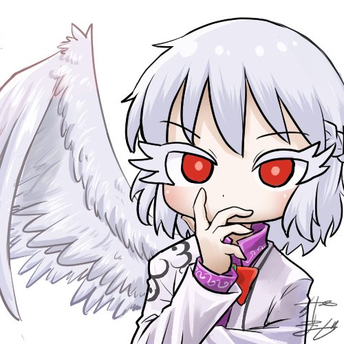 1girl avatar_icon bow bowtie braid chamaji collared_shirt commentary covering_mouth eyebrows_visible_through_hair feathered_wings jacket kishin_sagume looking_at_viewer lowres red_eyes red_neckwear shirt short_hair signature single_wing solo suit_jacket touhou upper_body white_background white_hair wings