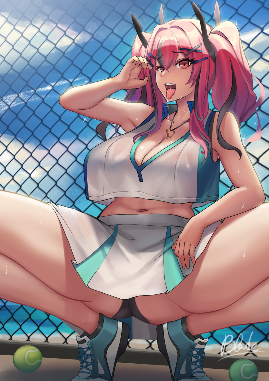 1girl azur_lane bangs bare_shoulders black_panties blue_sky blush breasts bremerton_(azur_lane) bremerton_(scorching-hot_training)_(azur_lane) chain-link_fence crop_top crop_top_overhang fence highres large_breasts long_hair looking_at_viewer multicolored_hair navel open_mouth panties pink_eyes pink_hair qblade sky smile solo sportswear squatting streaked_hair tennis_uniform thighs tongue tongue_out twintails two-tone_shirt two-tone_skirt underwear