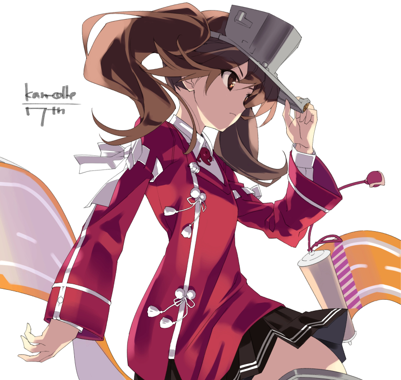 1girl bangs black_skirt brown_eyes brown_hair closed_mouth copyright_name eyebrows_visible_through_hair hat japanese_clothes kantai_collection kariginu long_hair long_sleeves magatama pleated_skirt ryuujou_(kantai_collection) sasaki_mutsumi scroll simple_background skirt solo twintails visor_cap white_background