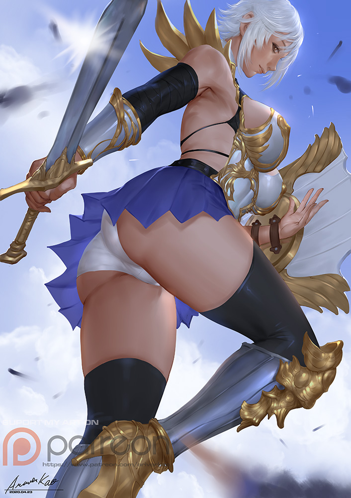 1girl ariverkao ass bangs black_legwear blue_sky blurry_foreground breastplate breasts brown_eyes dated from_below holding holding_sword holding_weapon large_breasts lips looking_at_viewer original panties patreon_logo pleated_skirt shield short_hair signature skirt sky solo sword thigh-highs underwear weapon white_hair white_panties