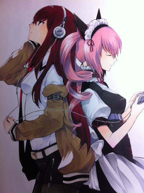 2girls akiha_rumiho animal_ears back-to-back belt black_legwear black_shorts blue_eyes brown_jacket cat_ears closed_eyes commentary_request dress_shirt drill_hair eyebrows eyebrows_visible_through_hair fake_animal_ears hair_ornament headphones holding jacket legwear_under_shorts long_hair maid maid_headdress makise_kurisu multiple_girls naruie_shinichiro necktie open_clothes open_jacket pantyhose pink_hair red_neckwear red_ribbon redhead ribbon shirt short_shorts shorts simple_background smile steins;gate waitress white_background white_shirt