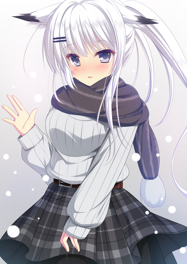 1girl belt black_hair gradient gradient_background grey_eyes hair_flaps hair_ornament hairclip hand_up kisaragi_yuu_(kisaragiyu) multicolored_hair original plaid plaid_skirt ribbed_sweater scarf skirt sleeves_past_wrists snowing solo sweater two-tone_hair white_hair