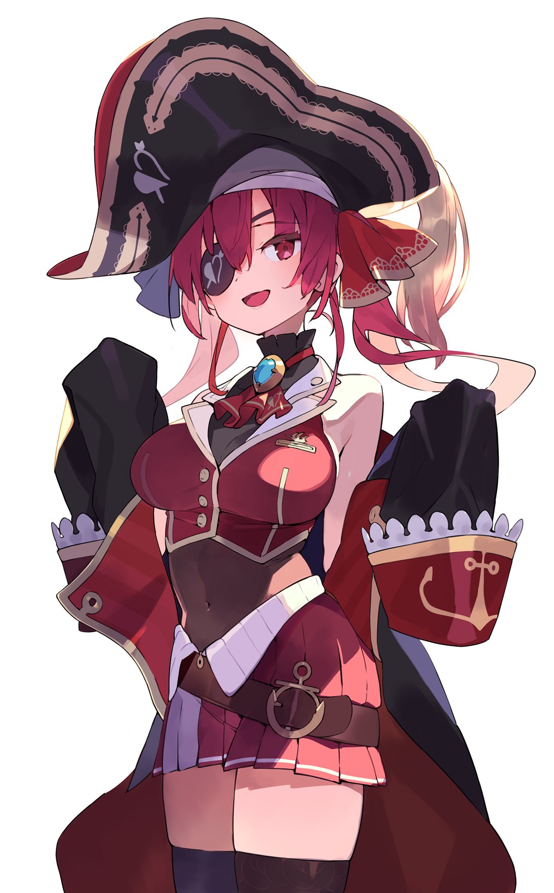 1girl :d belt black_legwear breasts brooch commentary_request covered_navel cowboy_shot eyepatch hajime_(hajime-ill-1st) hat highres hololive houshou_marine jewelry large_breasts long_sleeves looking_away off-shoulder_coat open_mouth pirate_hat pleated_skirt red_eyes red_skirt redhead simple_background skirt sleeves_past_fingers sleeves_past_wrists smile solo thigh-highs twintails virtual_youtuber white_background zettai_ryouiki