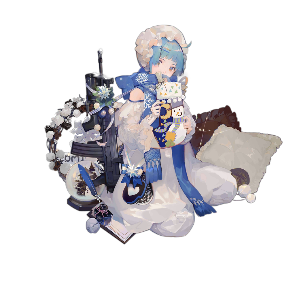 1girl ahoge alternate_costume assault_rifle bangs bare_shoulders blue_hair blue_scarf blunt_bangs bonnet brown_pillow christmas dress facing_viewer feathers full_body girls_frontline glass_bowl gloves gun hair_ornament hairclip headwear heart holding ink inkwell looking_at_viewer nineo off-shoulder_dress off_shoulder official_art orange_eyes paper pillow rifle scarf short_hair sitting snowman solo transparent_background weapon white_dress white_headwear winter_clothes younger zas_m21_(girls_frontline) zastava_m21