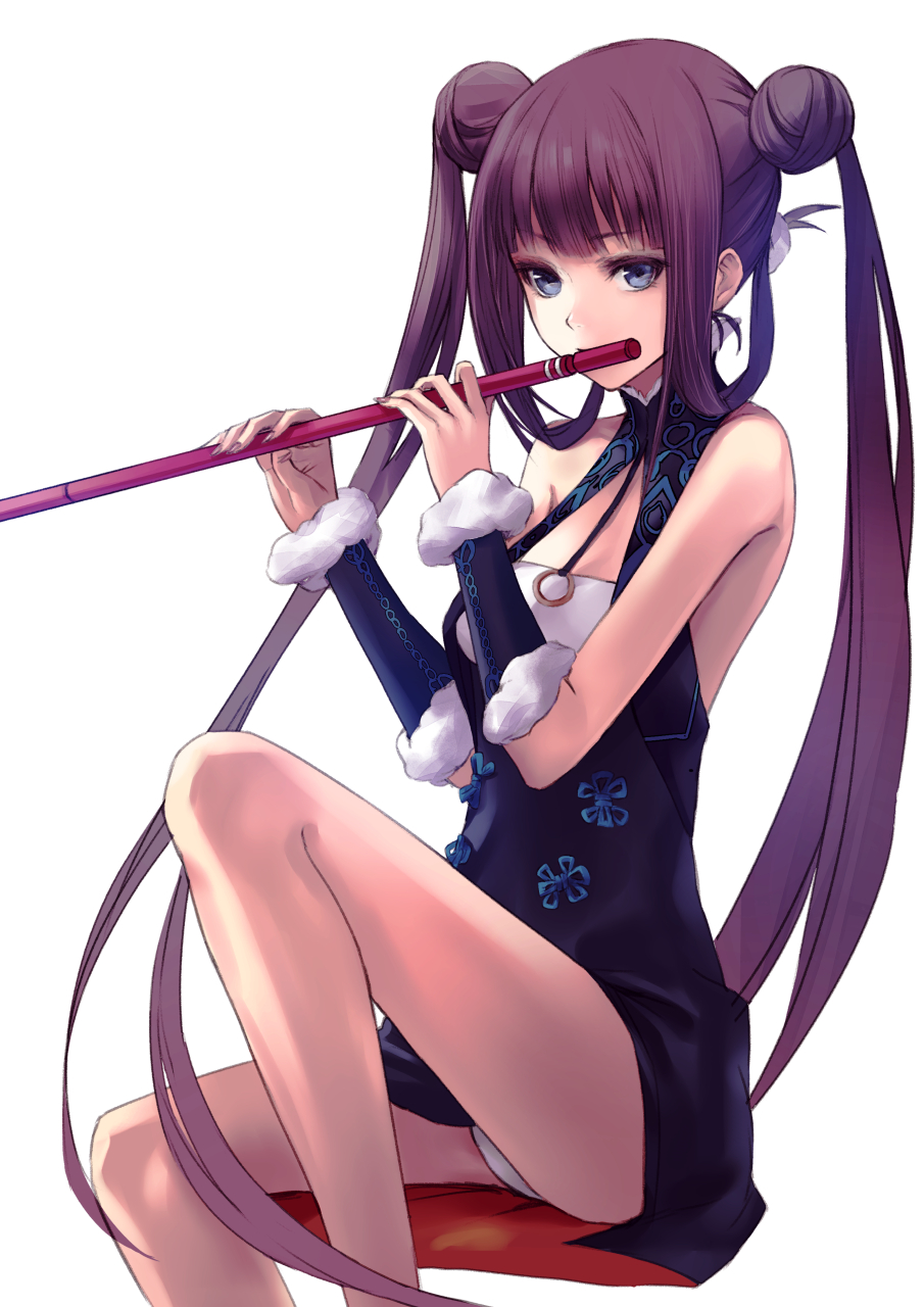 1girl bangs bare_shoulders black_dress blue_eyes blunt_bangs blush breasts china_dress chinese_clothes detached_sleeves double_bun dress fate/grand_order fate_(series) flute freedom0000 highres instrument knee_up long_hair looking_at_viewer medium_breasts music playing_instrument purple_hair sidelocks simple_background sitting solo thighs twintails very_long_hair white_background yang_guifei_(fate/grand_order)