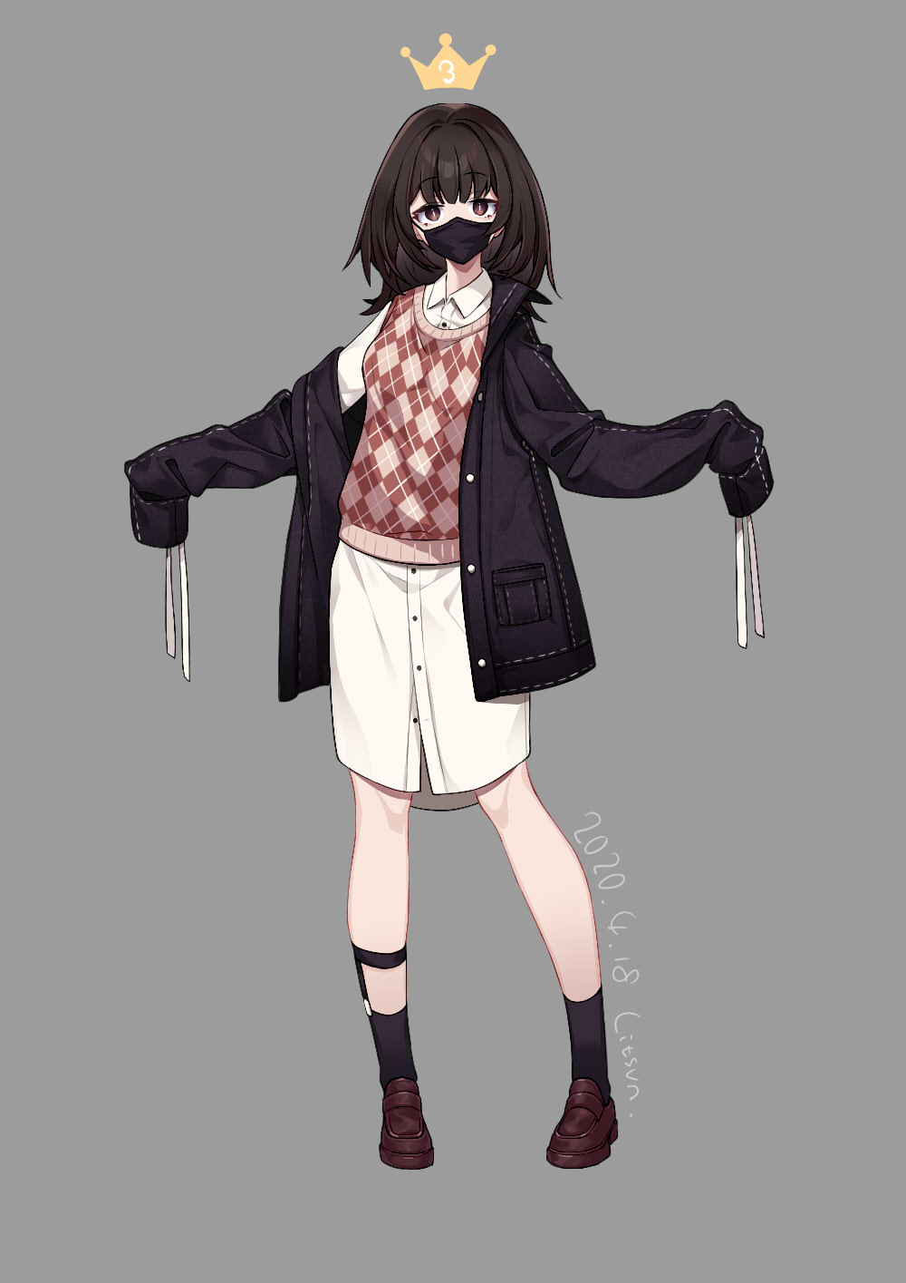 1girl argyle artist_name bangs black_hair black_jacket black_legwear breasts brown_eyes brown_footwear collared_shirt dated dress_shirt eyebrows_visible_through_hair full_body grey_background highres jacket litsvn loafers long_hair long_shirt long_sleeves looking_at_viewer mask mouth_mask original oversized_clothes shirt shoes signature simple_background sleeves_past_fingers sleeves_past_wrists small_breasts socks solo standing sweater_vest white_shirt