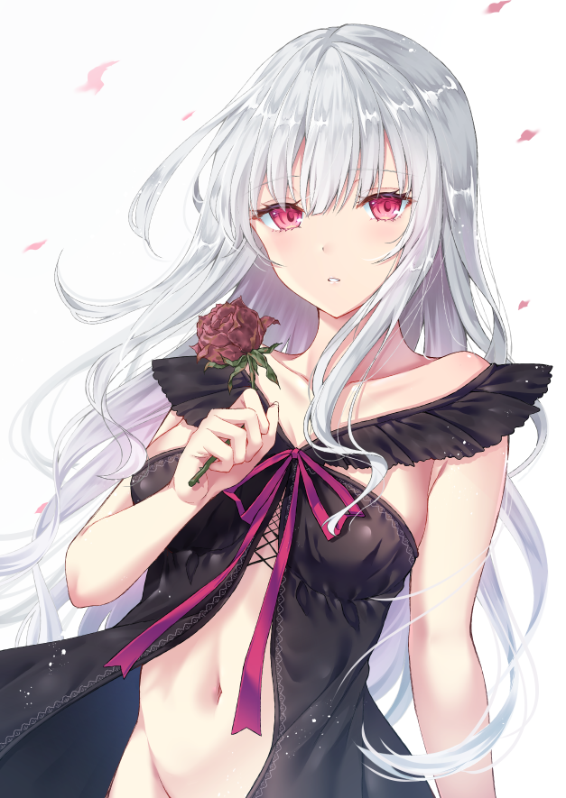 1girl armpit_crease babydoll bare_shoulders breasts collarbone flower groin holding large_breasts lingerie long_hair looking_at_viewer navel original parted_lips red_eyes red_flower rose silver_hair simple_background solo stomach tetsu_tissue underwear upper_body white_background