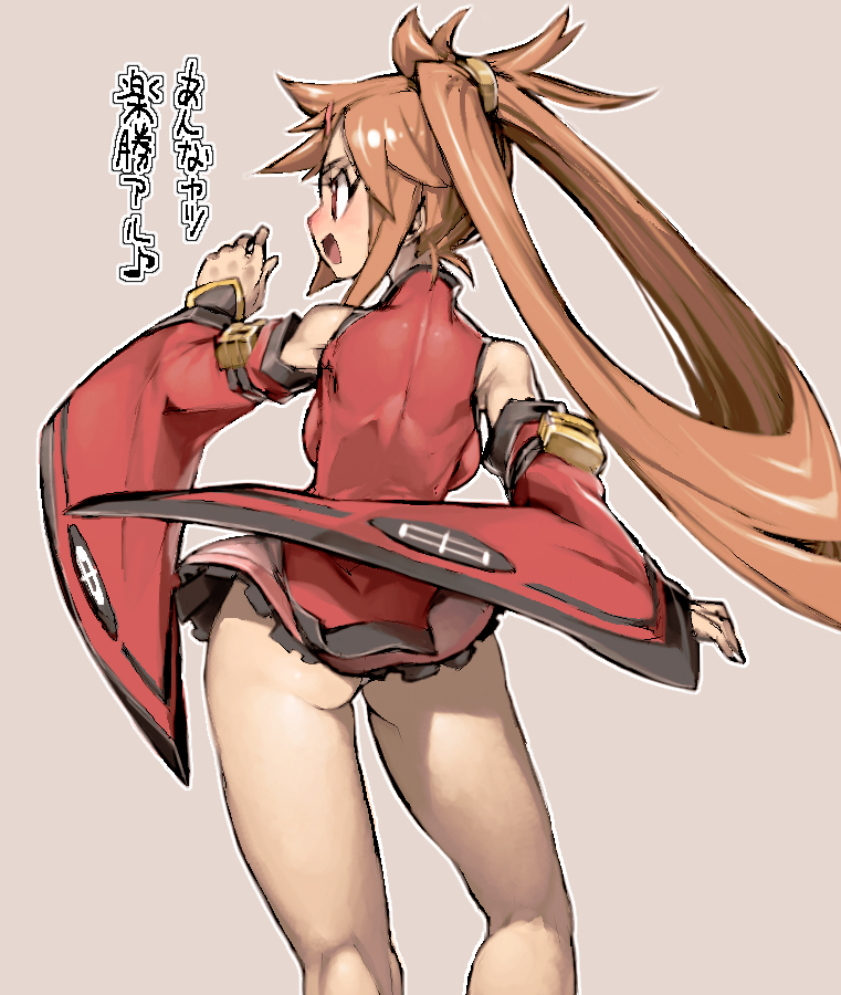 ass backboob blush breasts brown_hair china_dress chinese_clothes detached_sleeves dress from_behind guilty_gear guilty_gear_xrd hair_ring kneepits kuradoberi_jam long_hair medium_breasts microdress microskirt pink_skirt red_eyes skirt translation_request twintails wide_sleeves ysk!