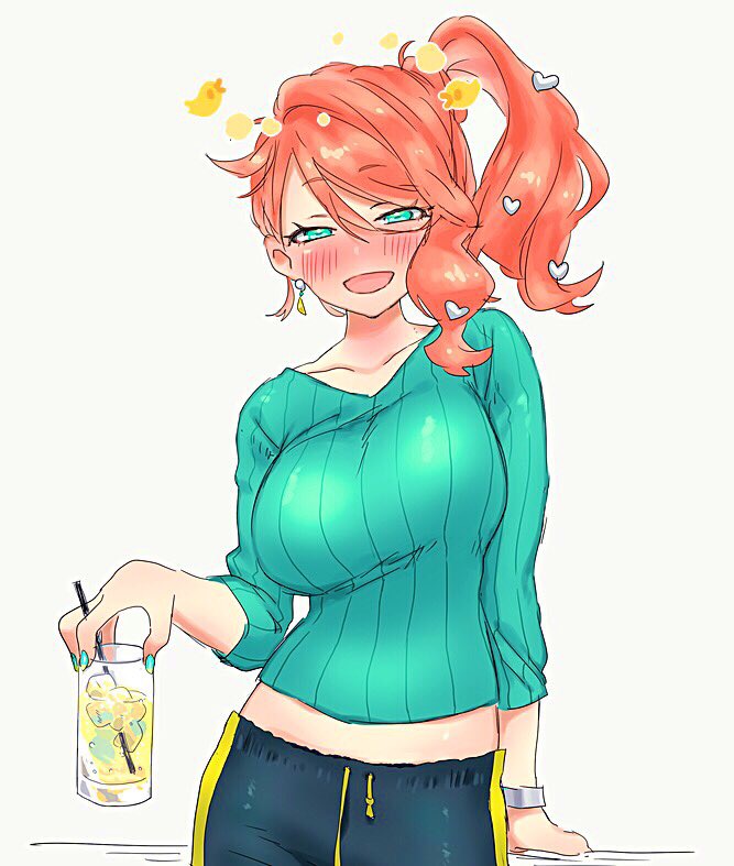 1girl arm_support blush bracelet breasts collarbone cup drink drunk earrings eyebrows_visible_through_hair green_eyes green_sweater grey_background hair_between_eyes hair_ornament half-closed_eyes holding holding_cup jewelry large_breasts looking_at_viewer midriff_peek nail_polish nose_blush ooshio7734 open_mouth orange_hair pants pokemon pokemon_(game) pokemon_swsh ribbed_sweater side_ponytail simple_background smile solo sonia_(pokemon) sweater upper_body