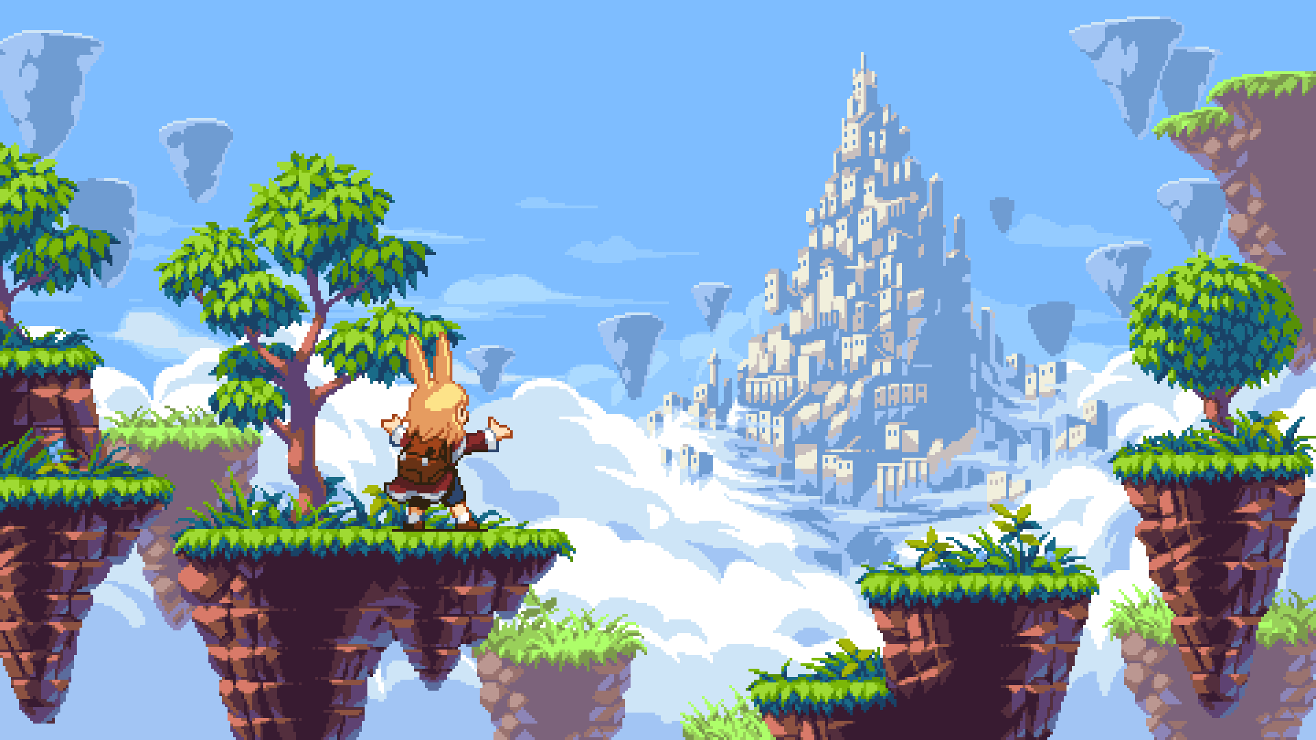1girl animal_ears backpack bag blonde_hair brown_footwear castle clouds copyright_request day facing_away floating_island grass highres outdoors pixel_art pixelflag rabbit_ears solo standing tree